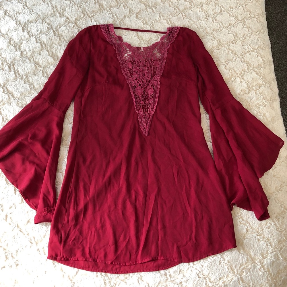 Red Flowy Sleeves Dress with Lace Neck